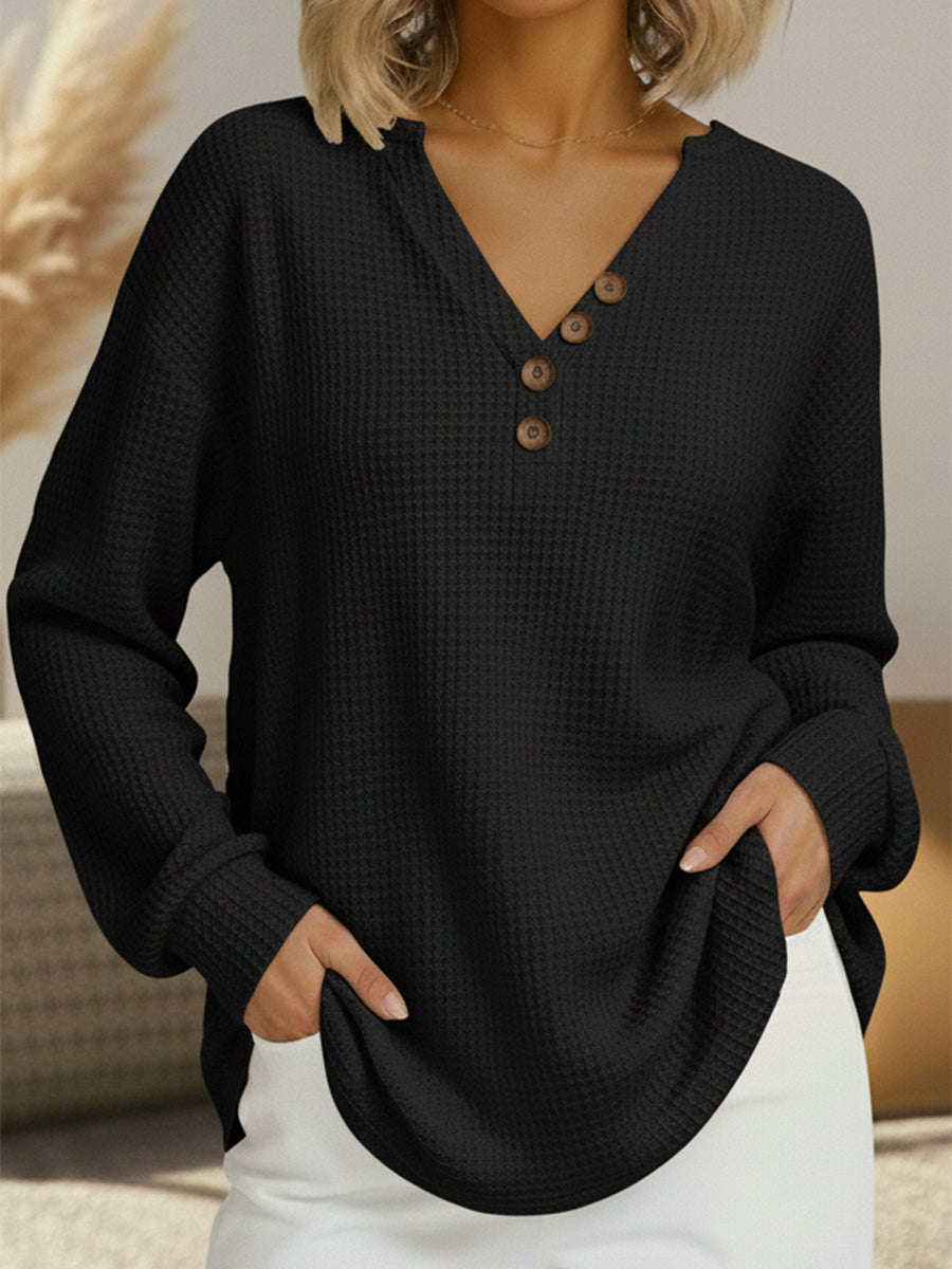Women's Knit Henley Jumper Long Sleeve V Neck Top