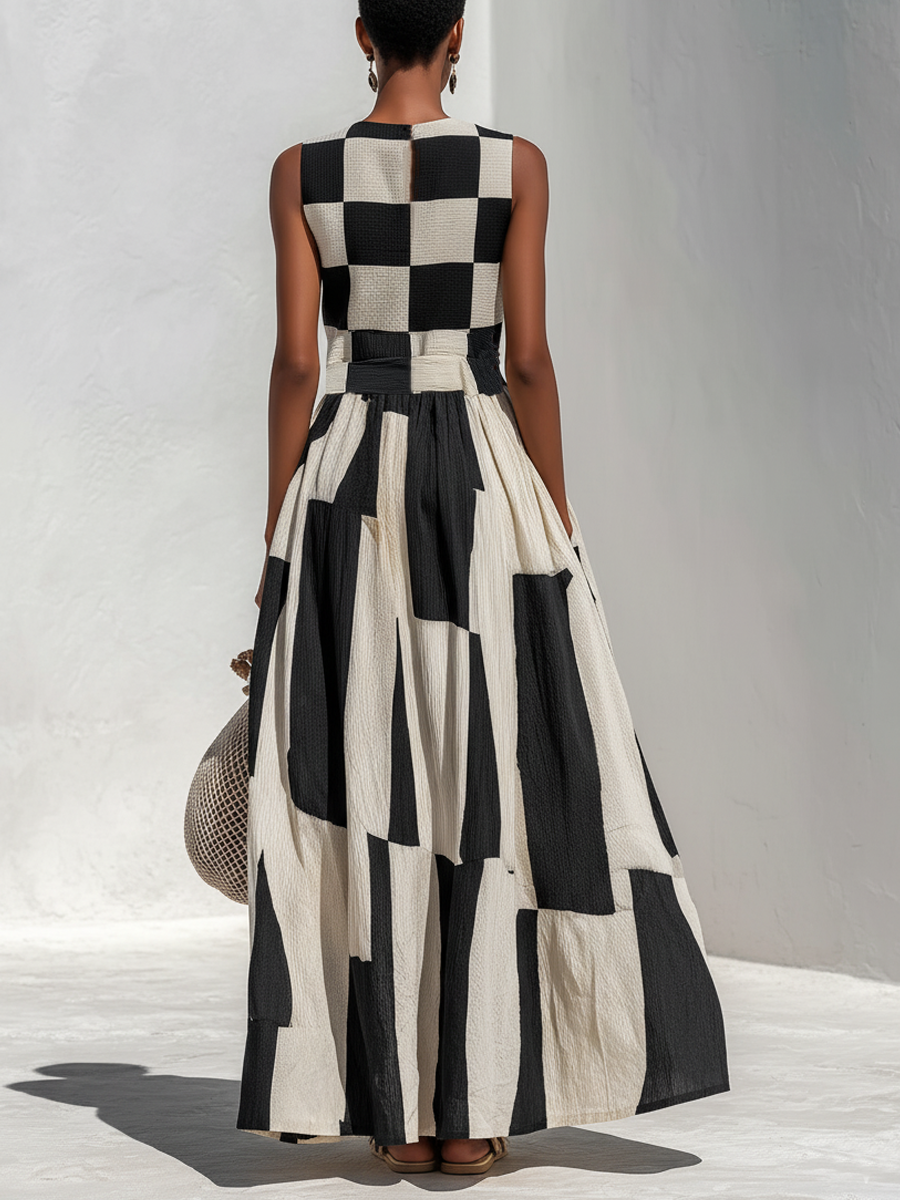 Női ujjatlan, lenvászonból készült, geometrikus patchwork mintás, lenge maxi ruha