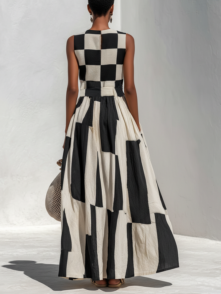Női ujjatlan, lenvászonból készült, geometrikus patchwork mintás, lenge maxi ruha