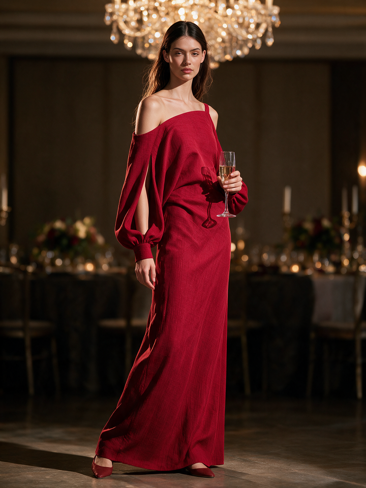 Women's Linen One Shoulder Long Sleeve Evening Maxi Dress