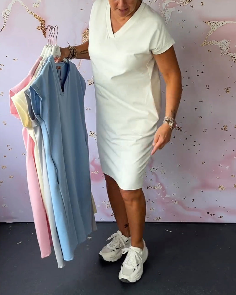 Women's Knit V-Neck Casual Jersey Midi Dress