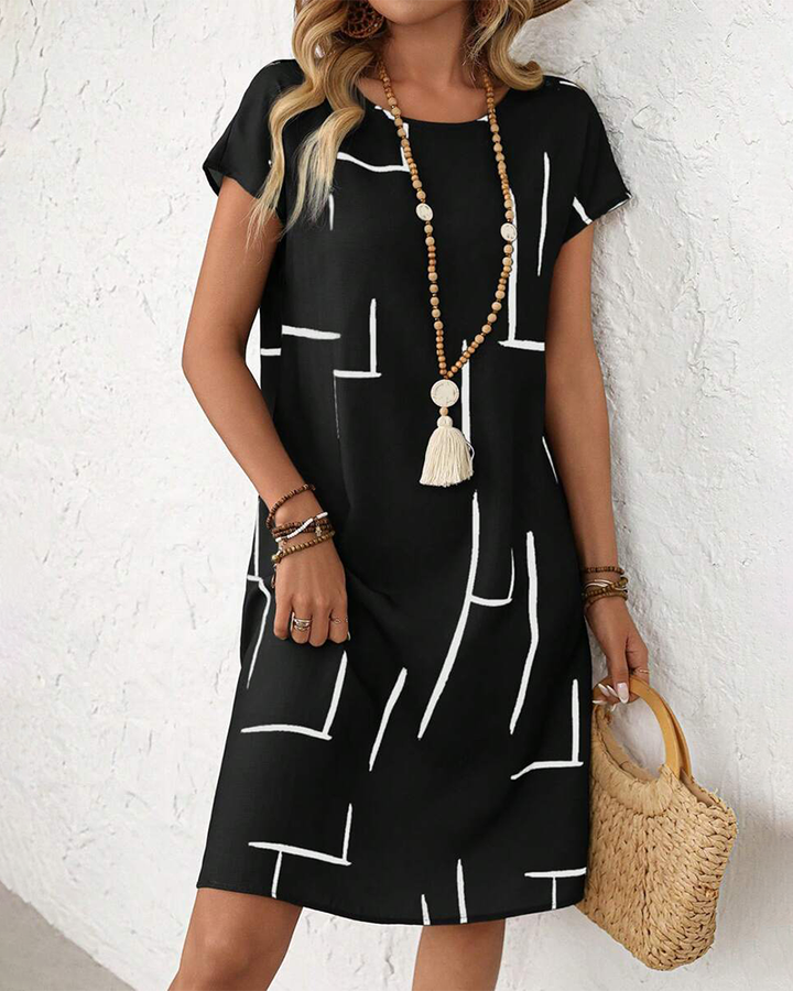 Women's Short Sleeve Linen Midi Shift Dress