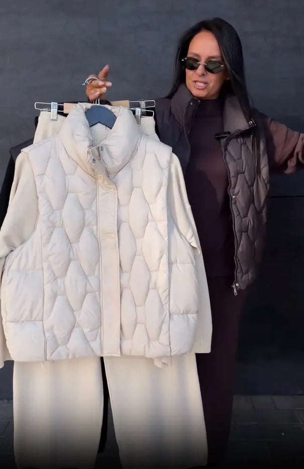 Women's Three-Piece Knit Loungewear Set with Puffer Vest