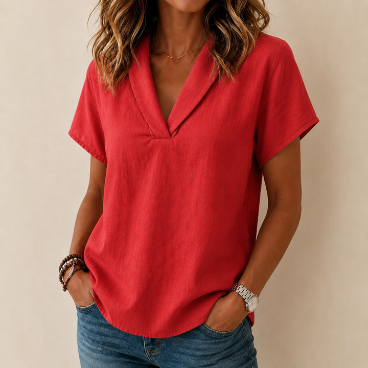 Women's Linen Blouse V Neck Short Sleeve Casual Shirt Tunics Top