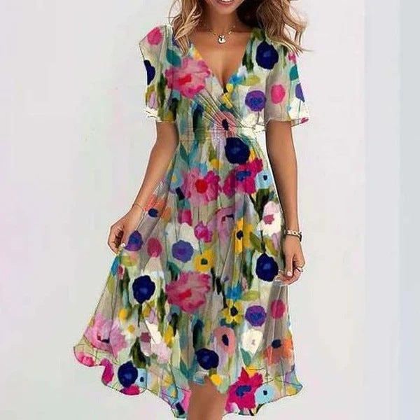 Women's Floral Print Chiffon V-Neck Short Sleeve High-Low Midi Dress