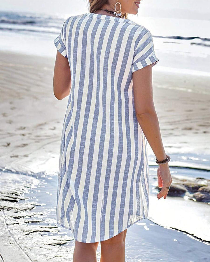 Women's Shirt Dress Linen Striped Mini Dress