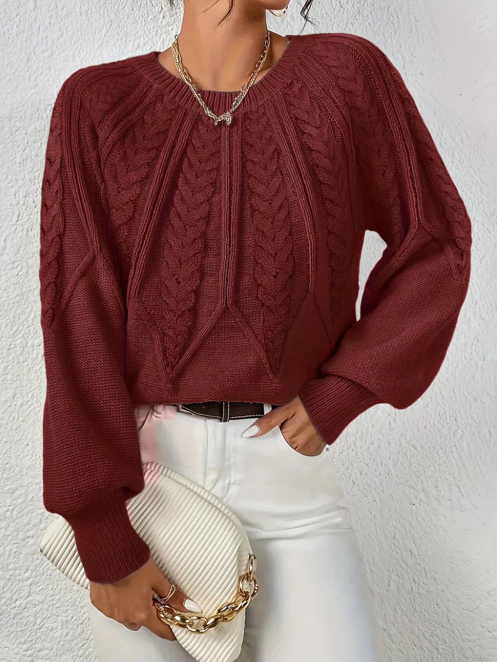 Women's Knit Jumper Cable Crew Neck Wool Mix Pullover Sweater