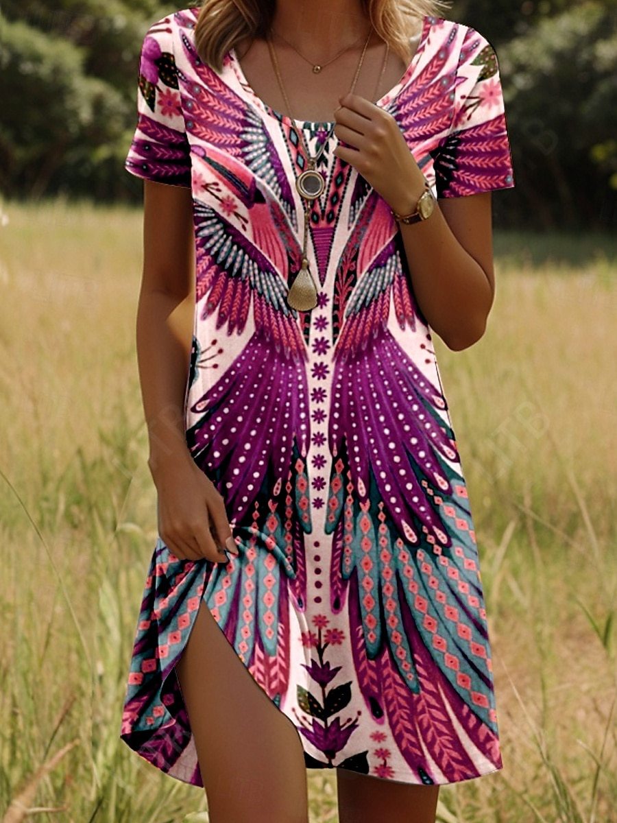Women's Linen Blend Scoop-Neck Short-Sleeve Printed Dress