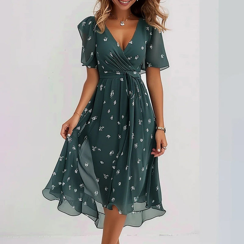 Women's Floral Print Chiffon V-Neck Short Sleeve High-Low Midi Dress