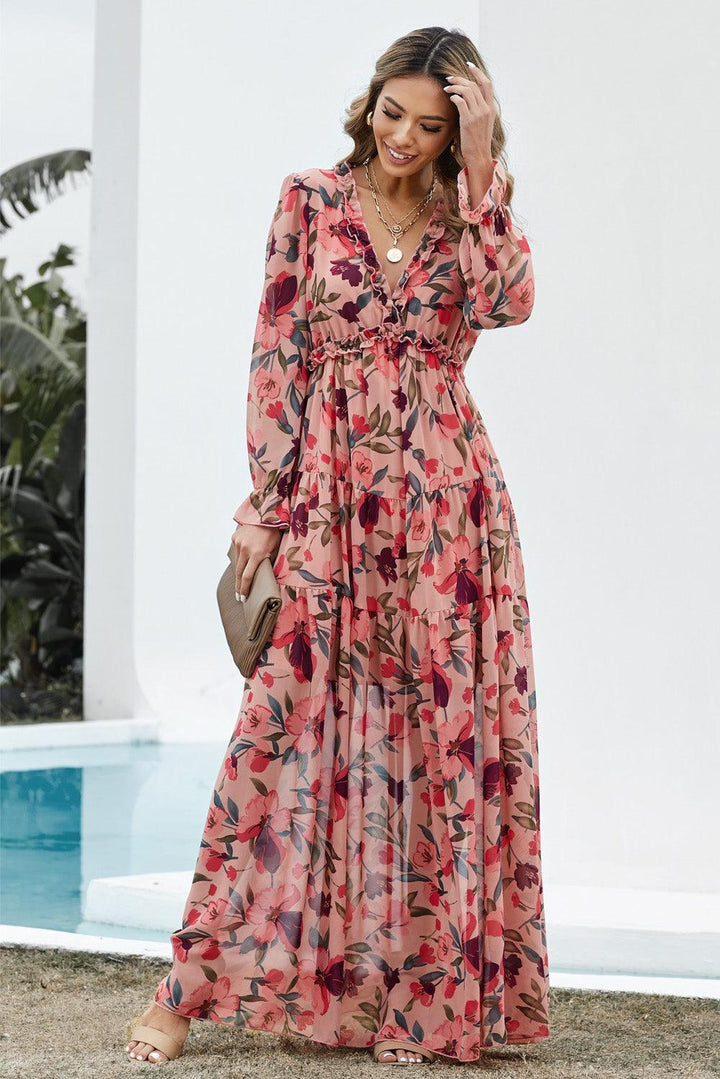 Women's Chiffon Floral V Neck Long Sleeve Maxi Dress