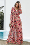 Women's Chiffon Floral V Neck Long Sleeve Maxi Dress