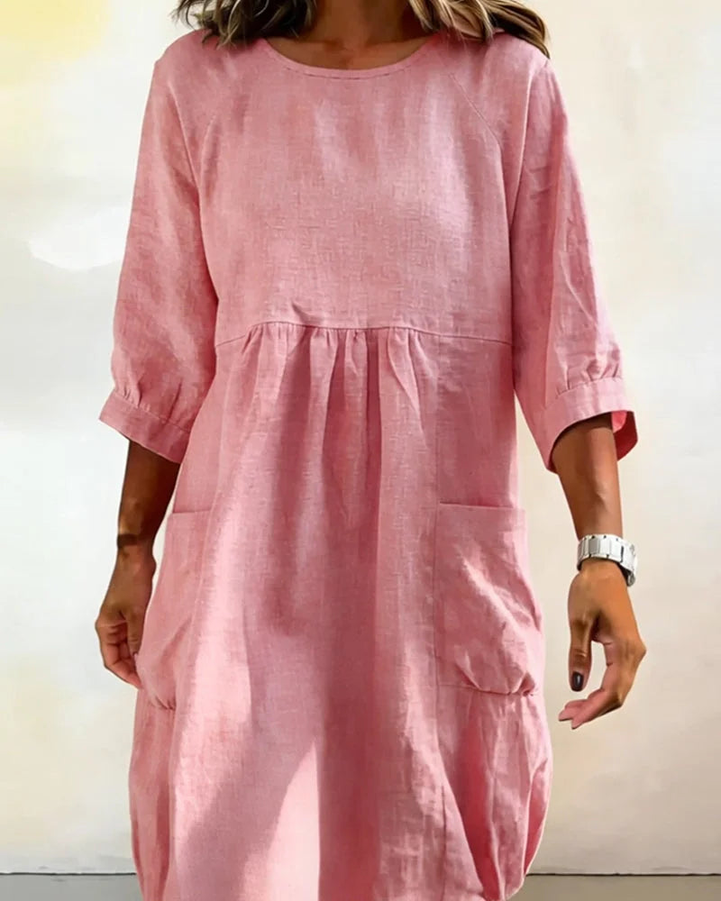 Women's Linen Crewneck Pocket Gathered Loose Dress