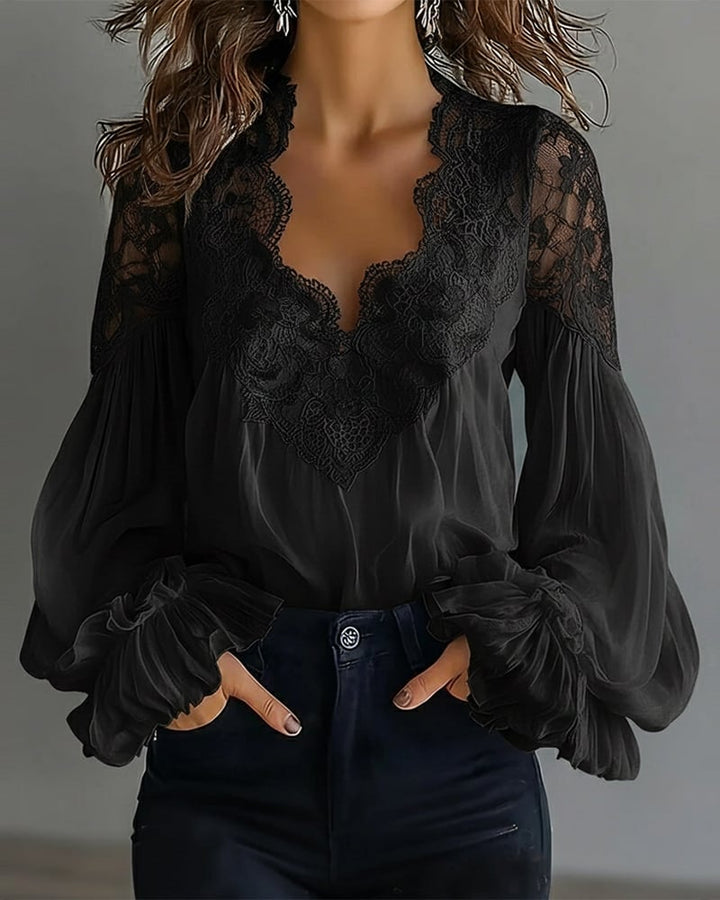 Women's Lace V-Neck Blouse Chiffon Long Sleeve Top