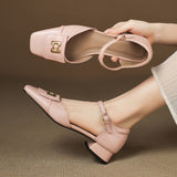 Women's Leather Square Toe Mary Jane Block Heels