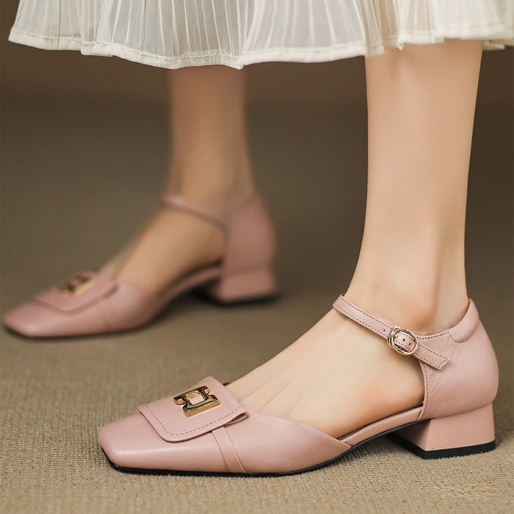 Women's Leather Square Toe Mary Jane Block Heels