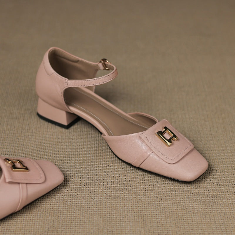 Women's Leather Square Toe Mary Jane Block Heels
