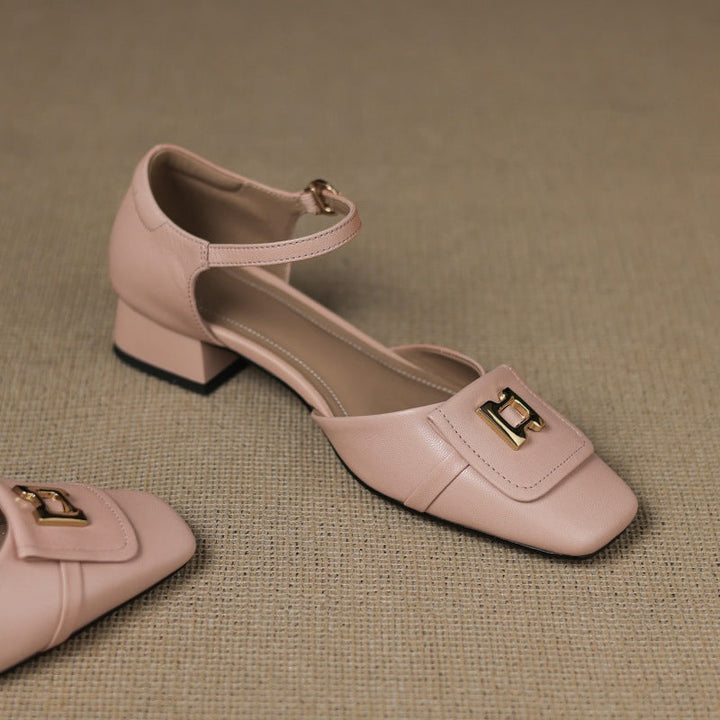 Women's Leather Square Toe Mary Jane Block Heels
