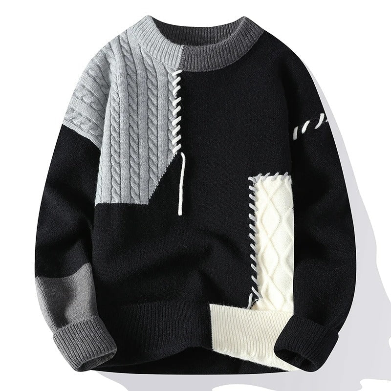 Men's Textured Knit Patchwork Crewneck Sweater