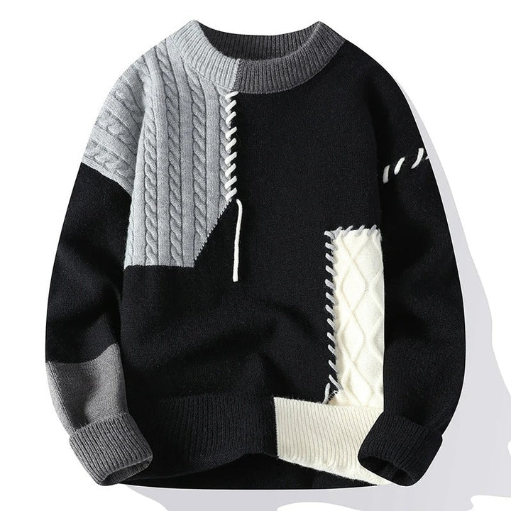Men's Textured Knit Patchwork Crewneck Sweater