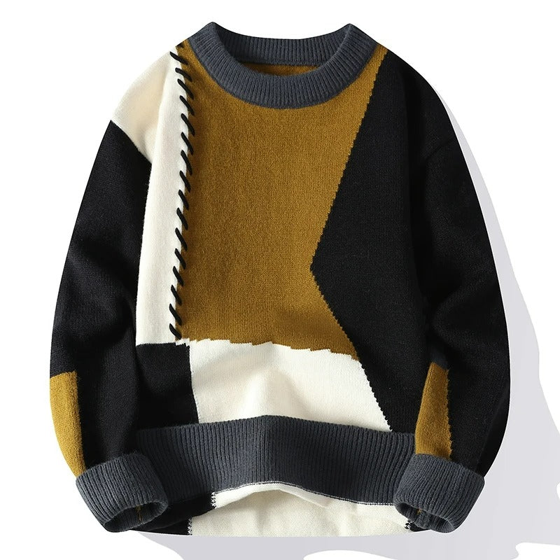 Men's Textured Knit Patchwork Crewneck Sweater