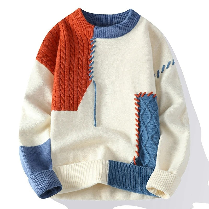Men's Textured Knit Patchwork Crewneck Sweater