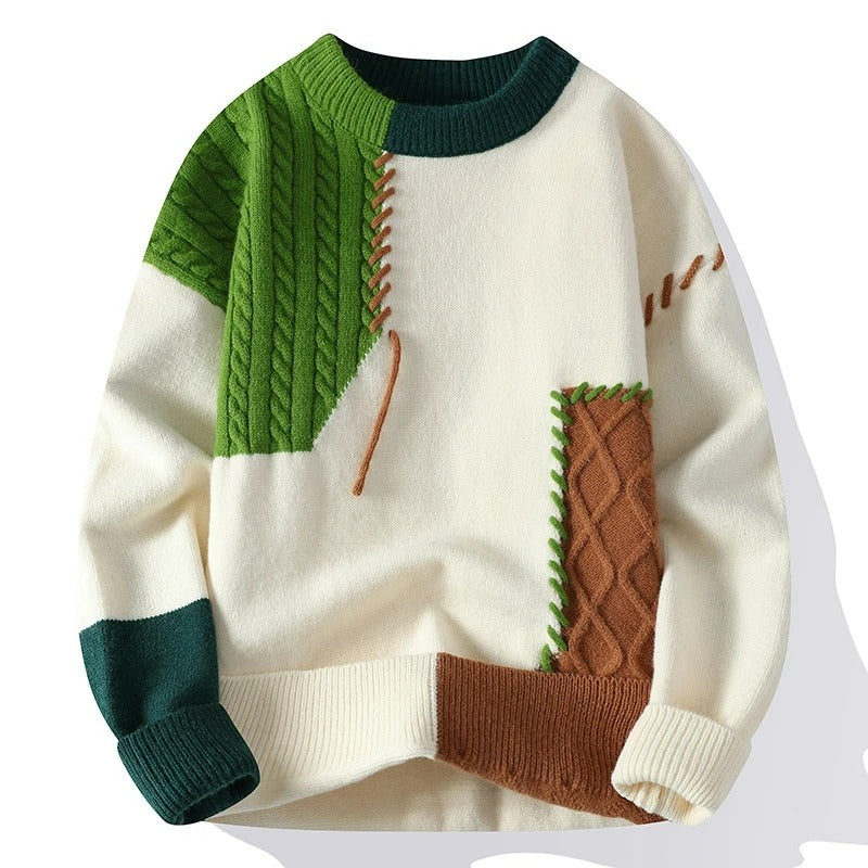 Men's Textured Knit Patchwork Crewneck Sweater