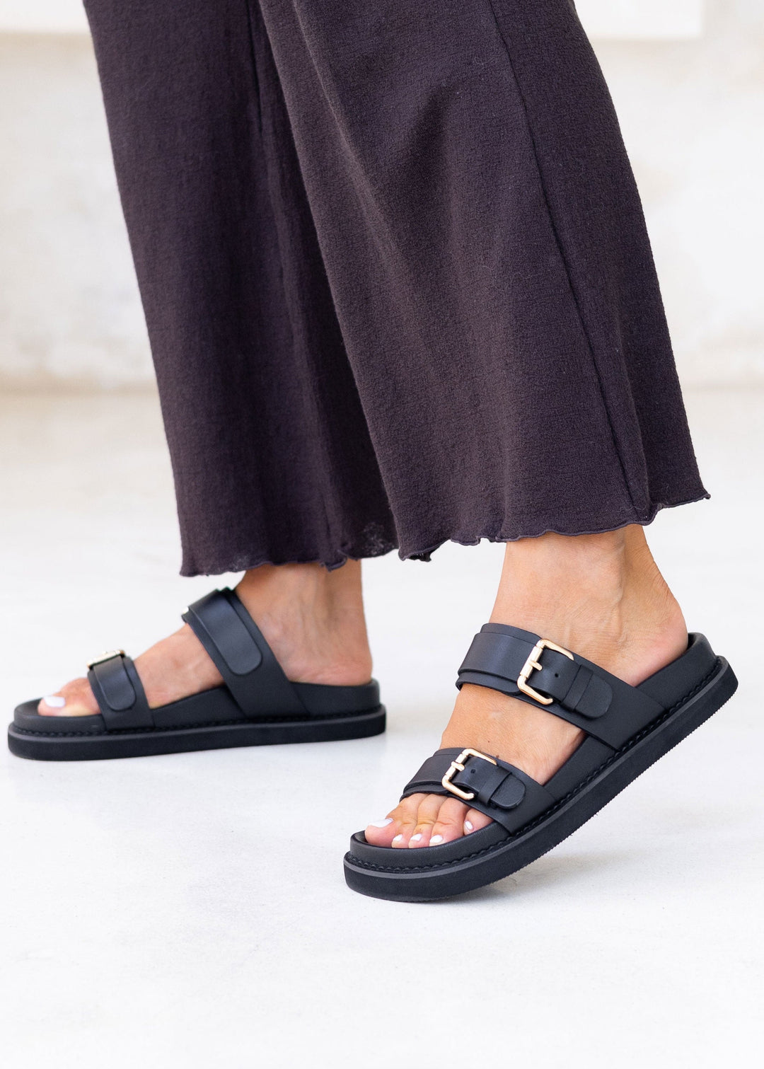 Women's Leather Double Buckle Slide Footbed Platform Sandals