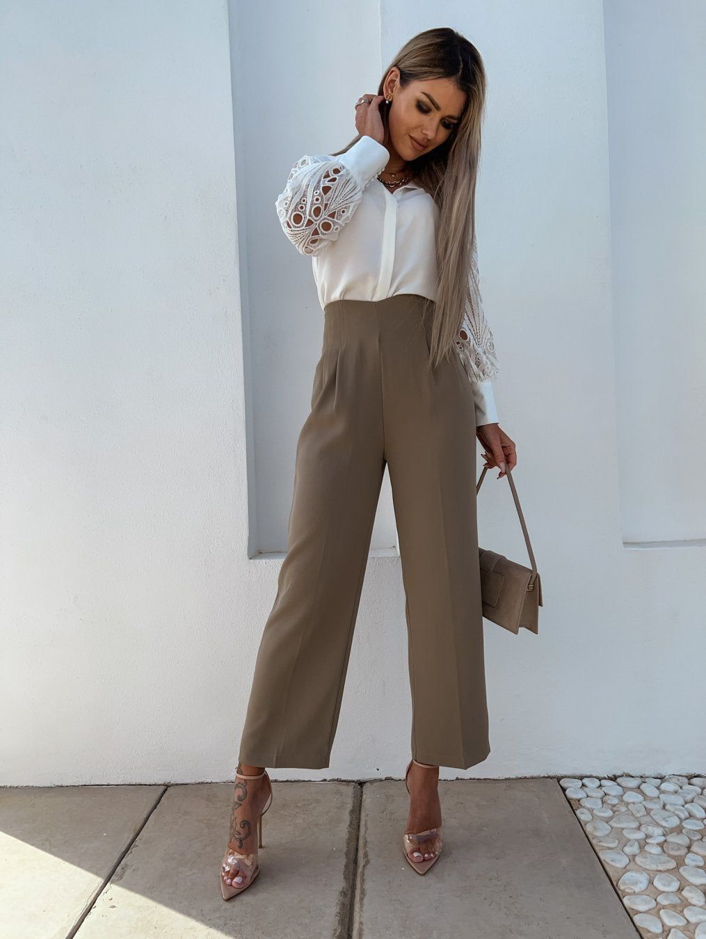 Women’s Silk Button Down Shirt Long Sleeve Cutout Mesh Blouse