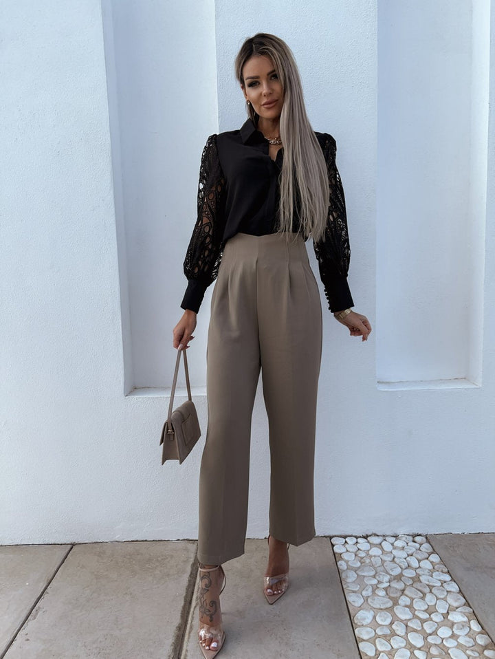 Women’s Silk Button Down Shirt Long Sleeve Cutout Mesh Blouse