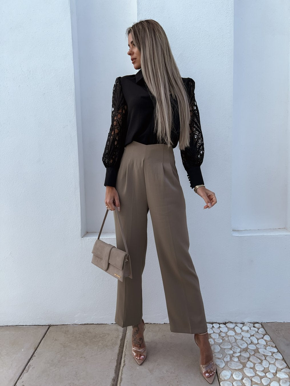 Women’s Silk Button Down Shirt Long Sleeve Cutout Mesh Blouse