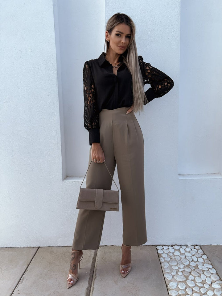 Women’s Silk Button Down Shirt Long Sleeve Cutout Mesh Blouse