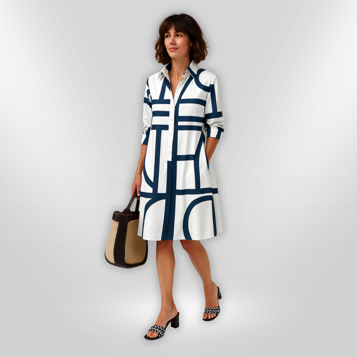 Women's Linen Shirt Dress Geometric Print Midi A-Line Casual Dress