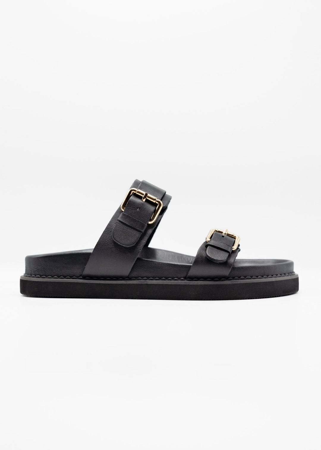 Women's Leather Double Buckle Slide Footbed Platform Sandals