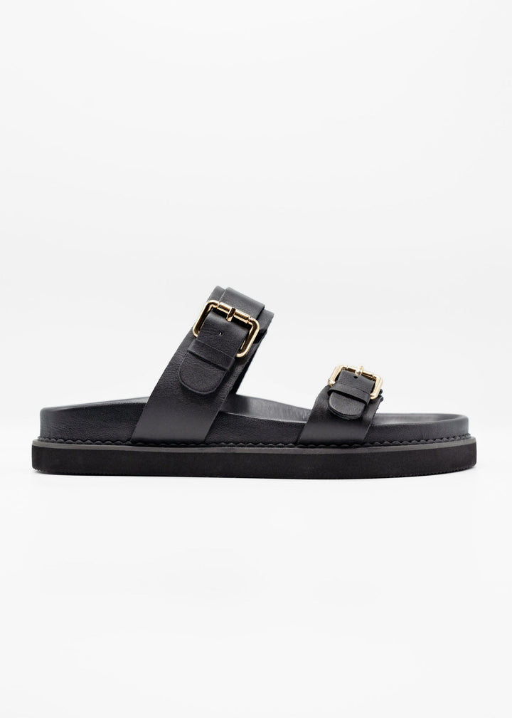 Women's Leather Double Buckle Slide Footbed Platform Sandals