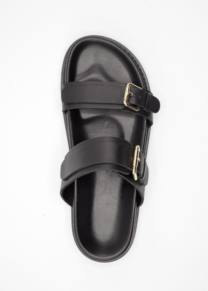 Women's Leather Double Buckle Slide Footbed Platform Sandals