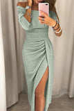 Robe midi côtelée en maille pour femme, à manches longues et épaules dénudées, avec fronces et fente