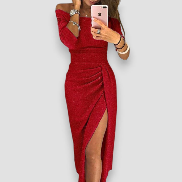 Robe midi côtelée en maille pour femme, à manches longues et épaules dénudées, avec fronces et fente