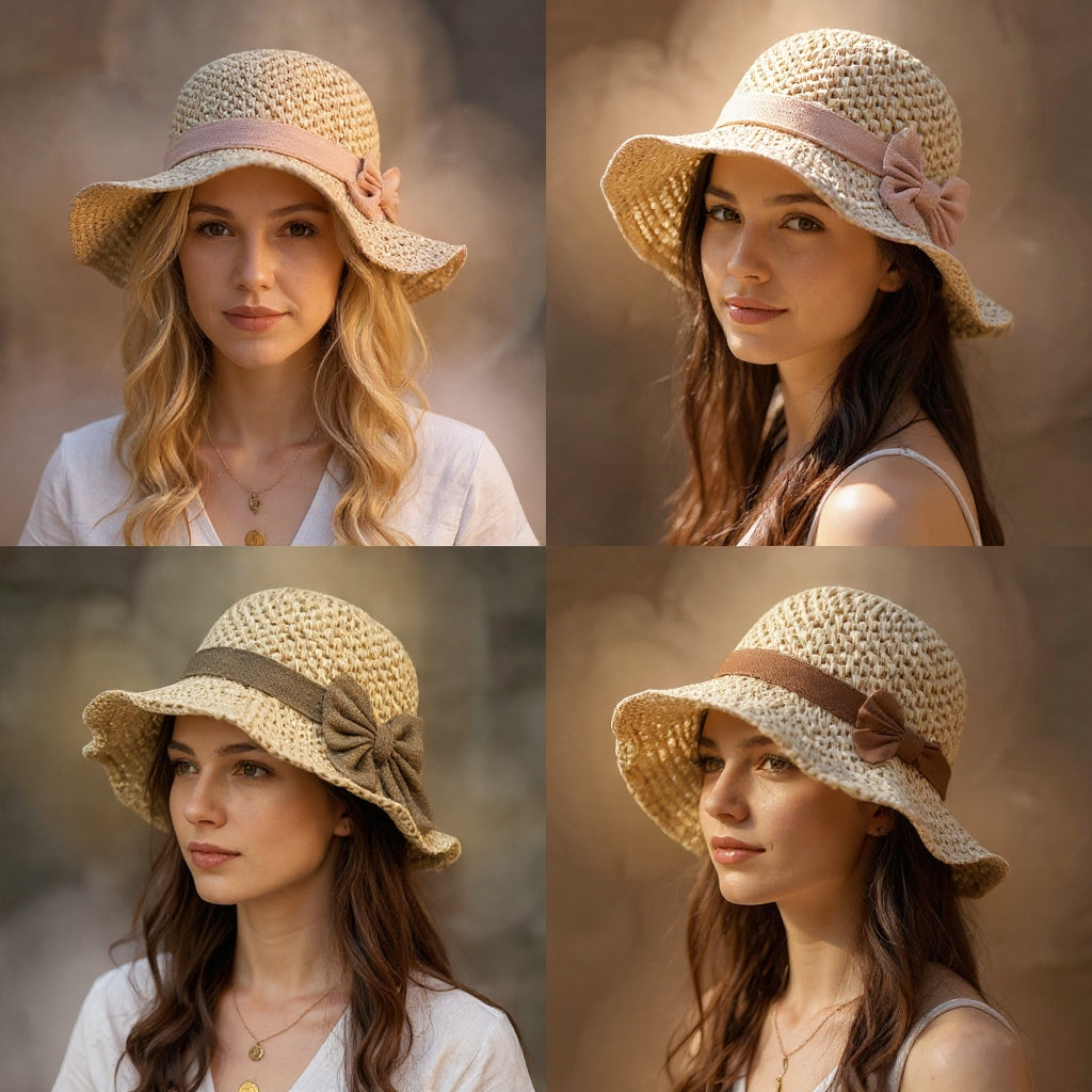 Women's Straw Bow Wide-Brim Sun Hat