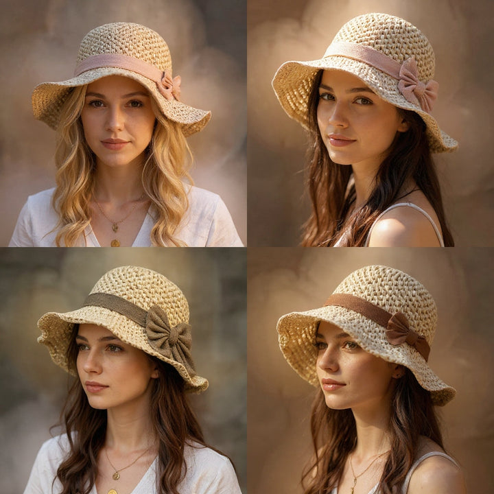Women's Straw Bow Wide-Brim Sun Hat