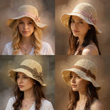 Women's Straw Bow Wide-Brim Sun Hat