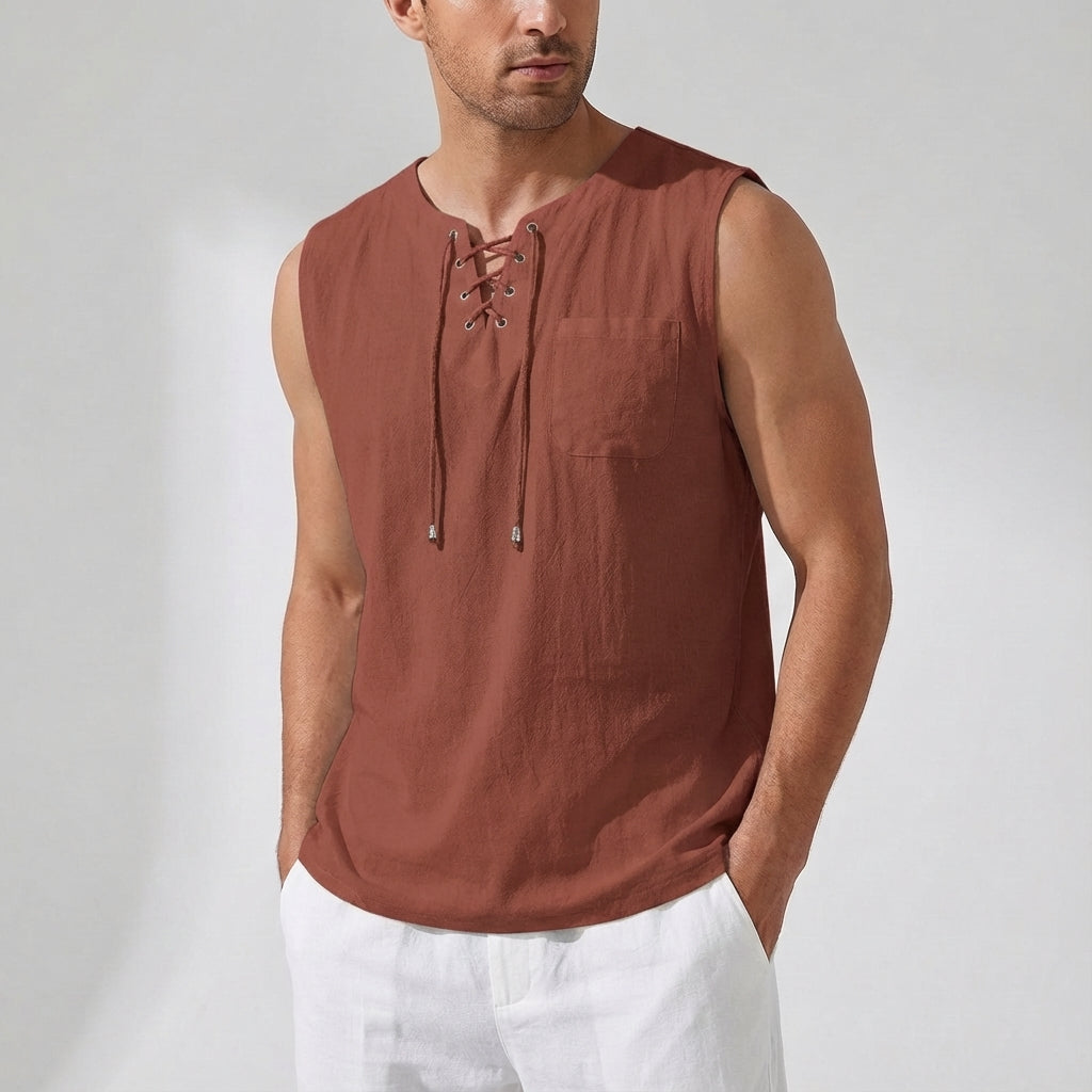 Men's Linen Tank Top Sleeveless Casual Lace up Neck Shirt