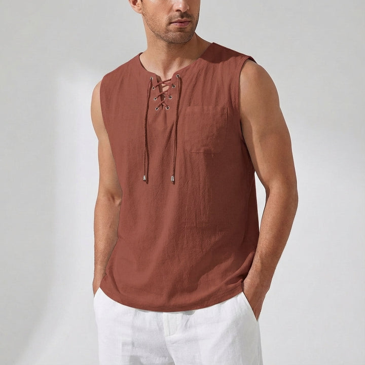 Men's Linen Tank Top Sleeveless Casual Lace up Neck Shirt