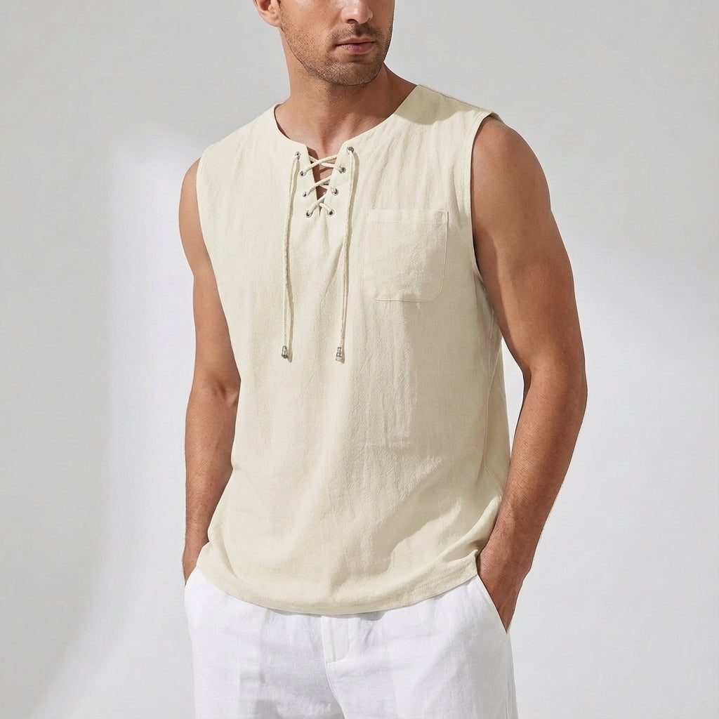 Men's Linen Tank Top Sleeveless Casual Lace up Neck Shirt