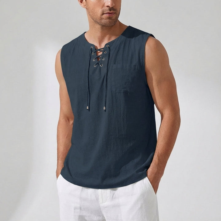 Men's Linen Tank Top Sleeveless Casual Lace up Neck Shirt
