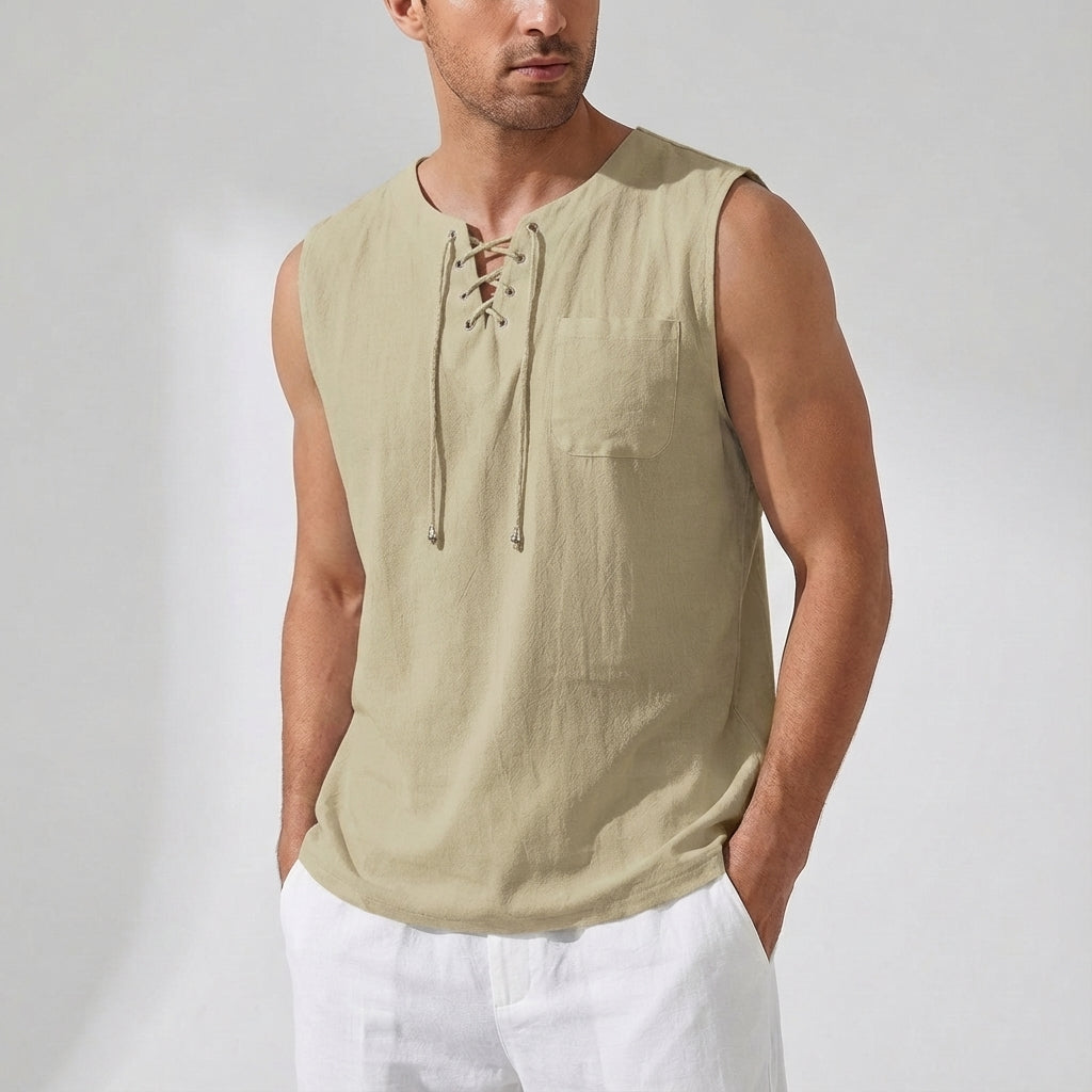Men's Linen Tank Top Sleeveless Casual Lace up Neck Shirt