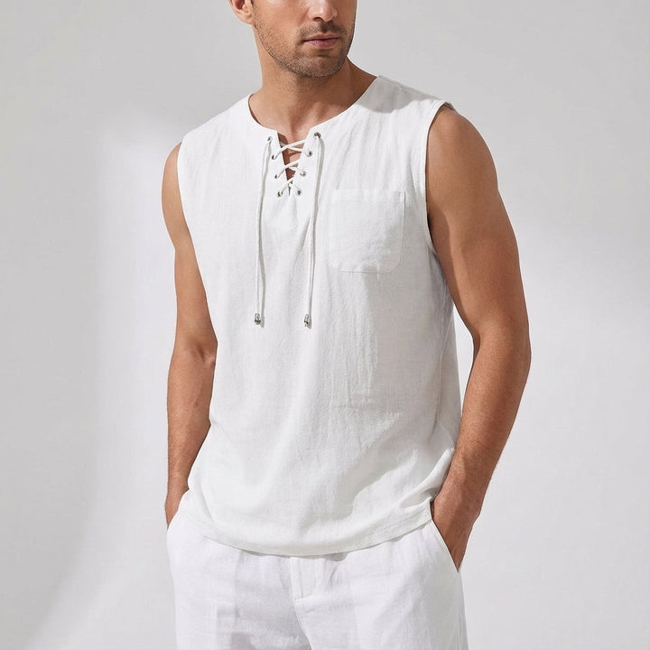 Men's Linen Tank Top Sleeveless Casual Lace up Neck Shirt