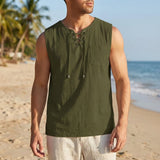Men's Linen Tank Top Sleeveless Casual Lace up Neck Shirt