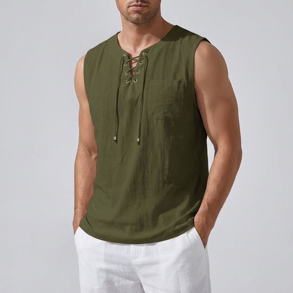 Men's Linen Tank Top Sleeveless Casual Lace up Neck Shirt