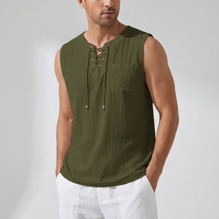 Men's Linen Tank Top Sleeveless Casual Lace up Neck Shirt