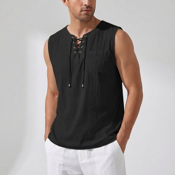 Men's Linen Tank Top Sleeveless Casual Lace up Neck Shirt